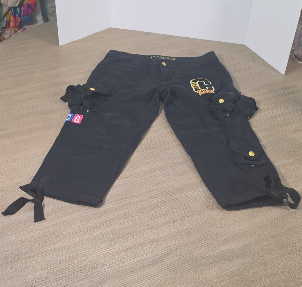 COOGI Women's S 4 Black Cargo Pants Y2K Utility Cropped Gold Hardware Front Logo